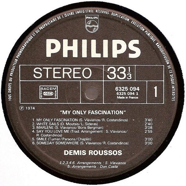 Demis Roussos My Only Fascination LP, Vinilos, Historia Nuestra