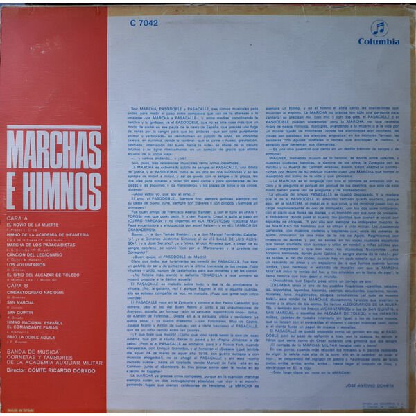 Banda De Musica, Cornetas Y Tambores De La Academia Auxiliar Militar, Coros Cantores De Madrid, Director Ricardo Dorado Marchas E Himnos LP, Vinilos, Historia Nuestra