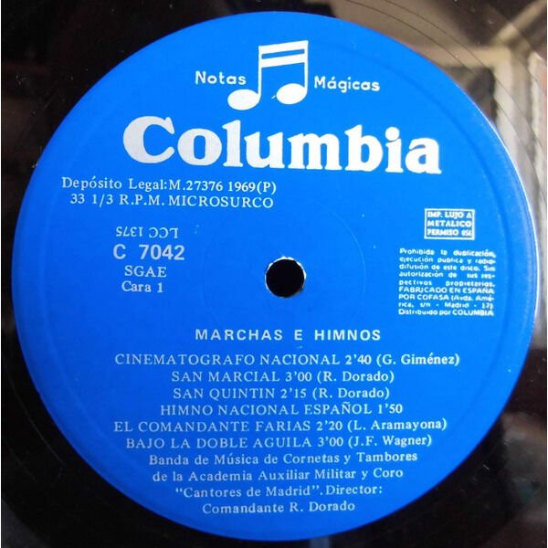 Banda De Musica, Cornetas Y Tambores De La Academia Auxiliar Militar, Coros Cantores De Madrid, Director Ricardo Dorado Marchas E Himnos LP, Vinilos, Historia Nuestra