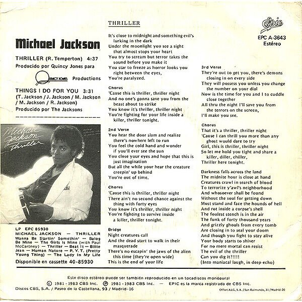 Michael Jackson Thriller 7 inch, Vinilos, Historia Nuestra
