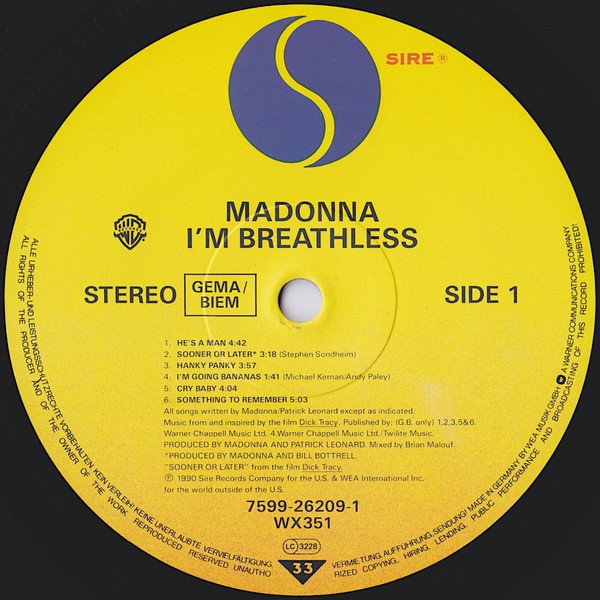 Madonna, I'm Breathless (he Film Dick Tracy)-LP, Vinilos, Historia Nuestra