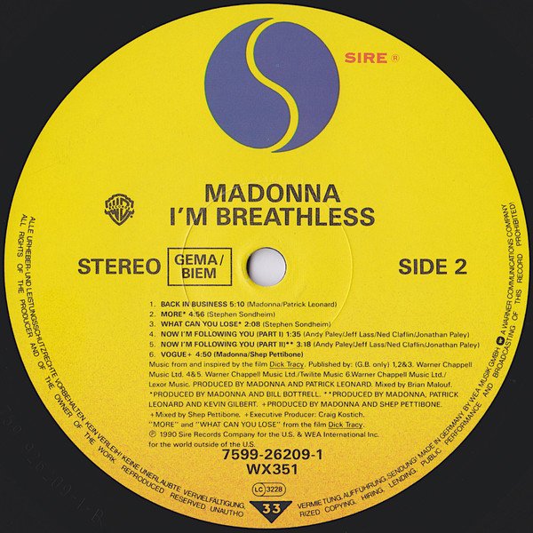 Madonna, I'm Breathless (he Film Dick Tracy)-LP, Vinilos, Historia Nuestra