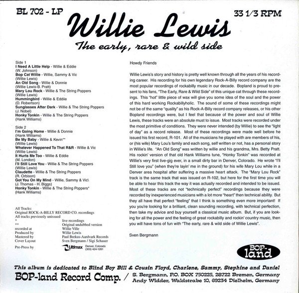 Willie Lewis , The Early Rare & Wild Side-LP, Vinilos, Historia Nuestra