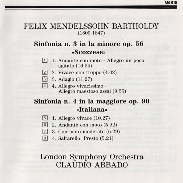 F. Mendelssohn-Bartholdy*, London Symphony Orchestra, Claudio Abbado Sinfonia N. 3 «Scozzese»  -  Sinfonia N. 4 «Italiana» -CD, CDs, Historia Nuestra