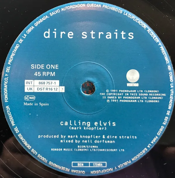 Dire Straits, Calling Elvis-12 inch, Vinilos, Historia Nuestra