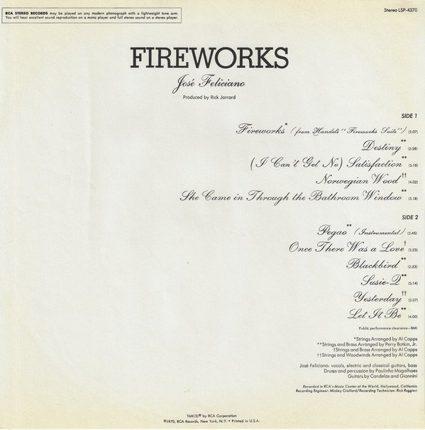 José Feliciano Fireworks-LP, Vinilos, Historia Nuestra