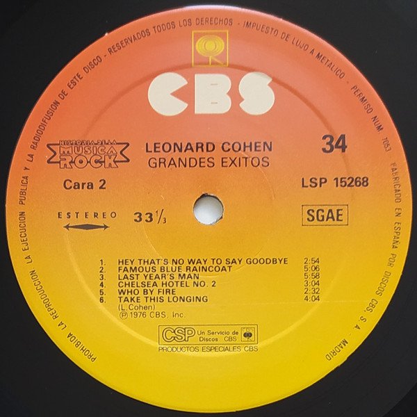 Leonard Cohen, Grandes Exitos-LP, Vinilos, Historia Nuestra
