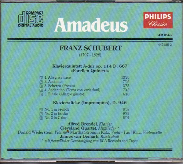 Schubert*, Alfred Brendel, Cuarteto de Cleveland* Piezas para Piano, D.946 /  Quinteto para Piano y Cuerdas, D.667 "la Trucha"-CD, CDs, Historia Nuestra