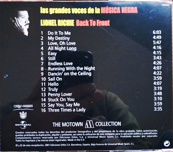 Lionel Richie, Back To Front-CD, CDs, Historia Nuestra