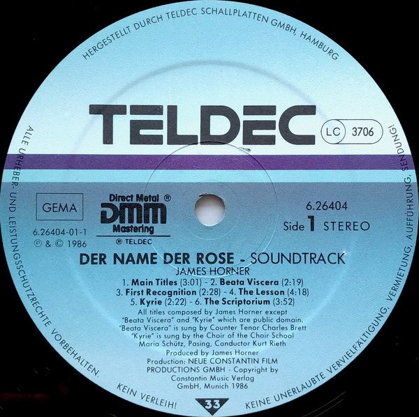 James Horner Der Name Der Rose Soundtrack-LP, Vinilos, Historia Nuestra