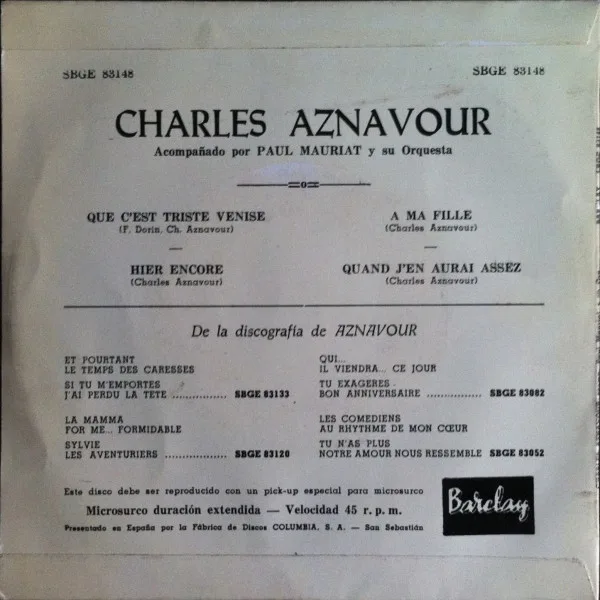 Charles Aznavour Que C'Est Triste Venise-7 inch, Vinilos, Historia Nuestra