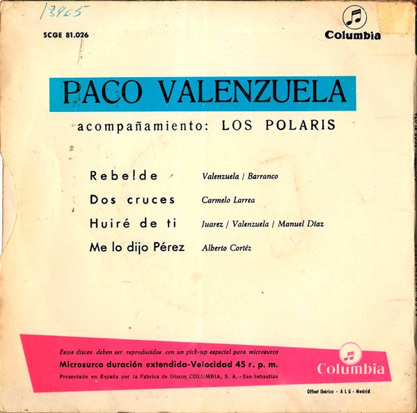 Paco Valenzuela* Acompañamiento: Los Polaris Rebelde / Dos Cruces / Huiré De Ti / Me Lo Dijo Pérez-7, Vinilos, Historia Nuestra