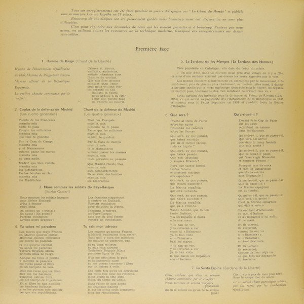 Various Chants De La Guerre D'Espagne-LP, Vinilos, Historia Nuestra