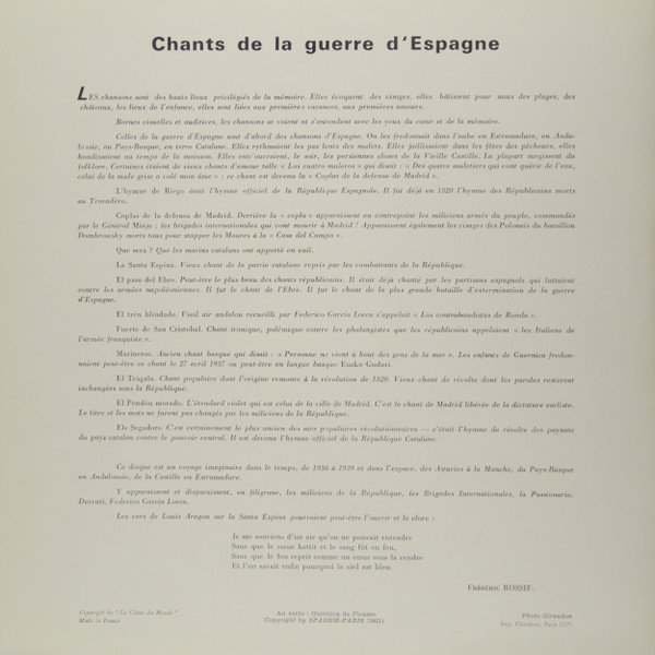 Various Chants De La Guerre D'Espagne-LP, Vinilos, Historia Nuestra