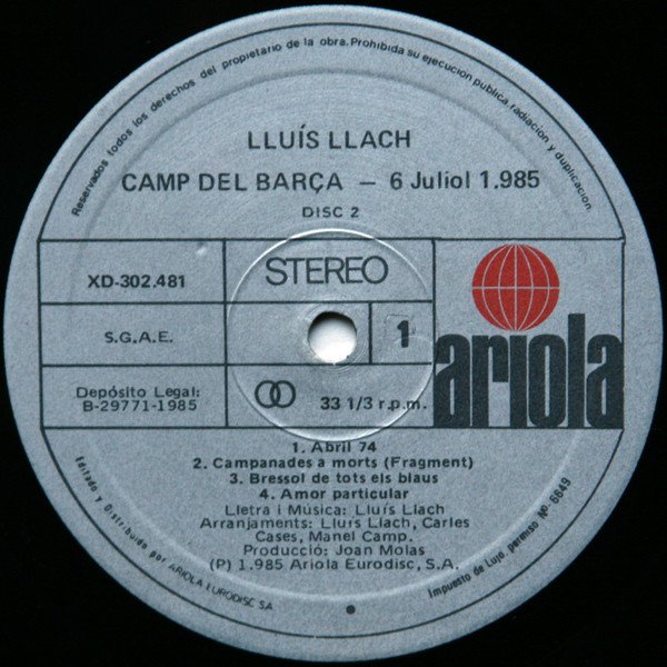 Lluís Llach, Camp Del Barça 6 De Juliol De 1985-LP, Vinilos, Historia Nuestra