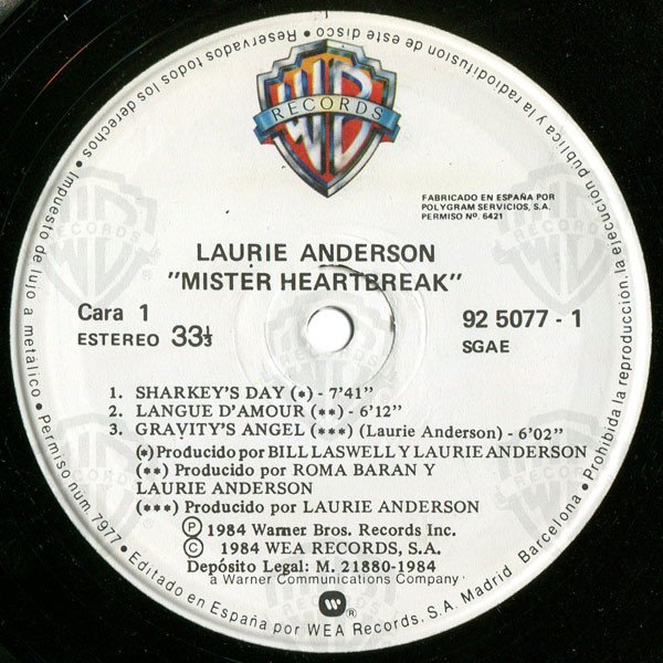 Laurie Anderson, Mister Heartbreak-LP, Vinilos, Historia Nuestra
