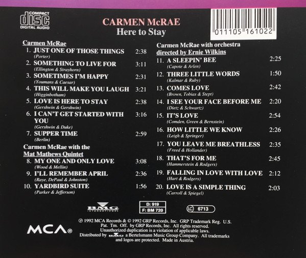 Carmen McRae, Here To Stay-CD, CDs, Historia Nuestra