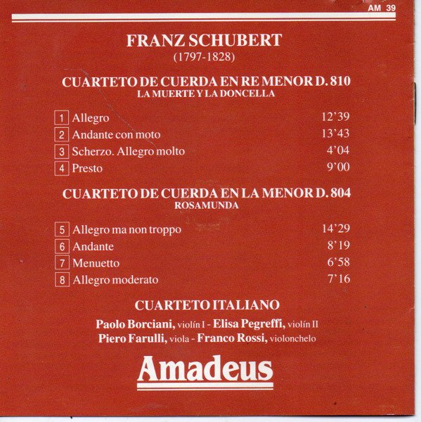 Franz Schubert, Quartetto Italiano Cuarteto De Cuerda En Re Menor Núm. 14 D. 810 "La Muerte Y La Doncella" / Cuarteto De Cuerda En La Menor Num. 13 D. 804 "Rosamunda"-CD, CDs, Historia Nuestra