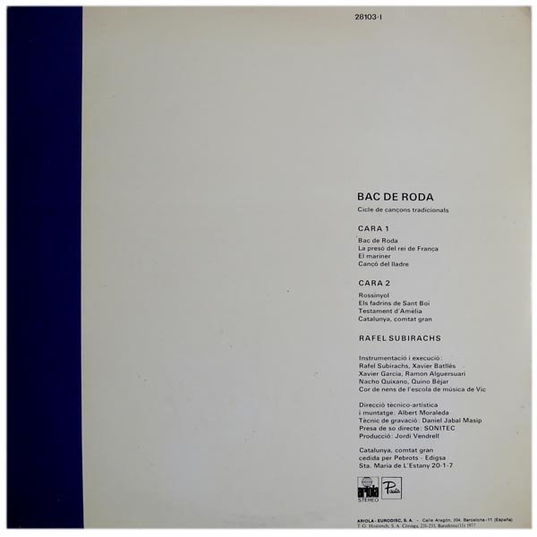 Rafel Subirachs* Bac De Roda (Cicle De Cançons Tradicionals)-LP, Vinilos, Historia Nuestra