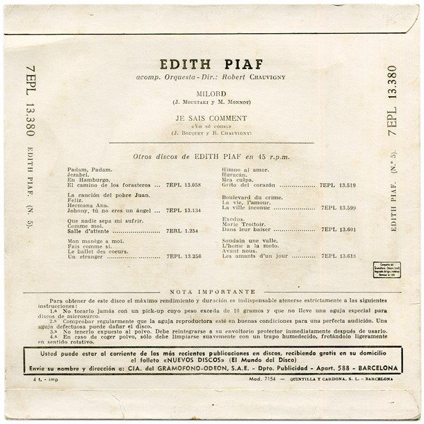 Édith Piaf* Milord-7, Vinilos, Historia Nuestra