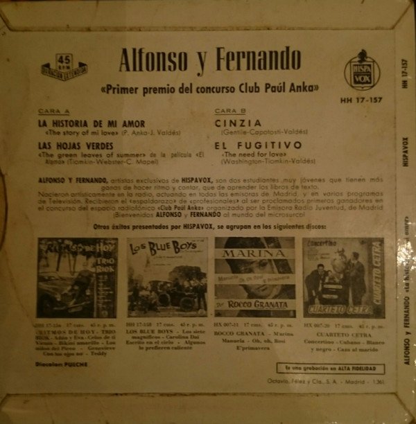 Alfonso Y Fernando, La Historia De Mi Amor-7 inch, Vinilos, Historia Nuestra