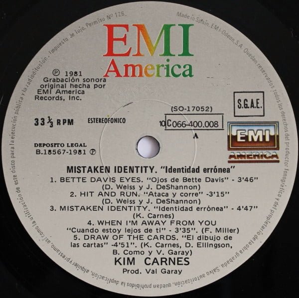 Kim Carnes Mistaken Identity = Identidad Erronea LP, Vinilos, Historia Nuestra