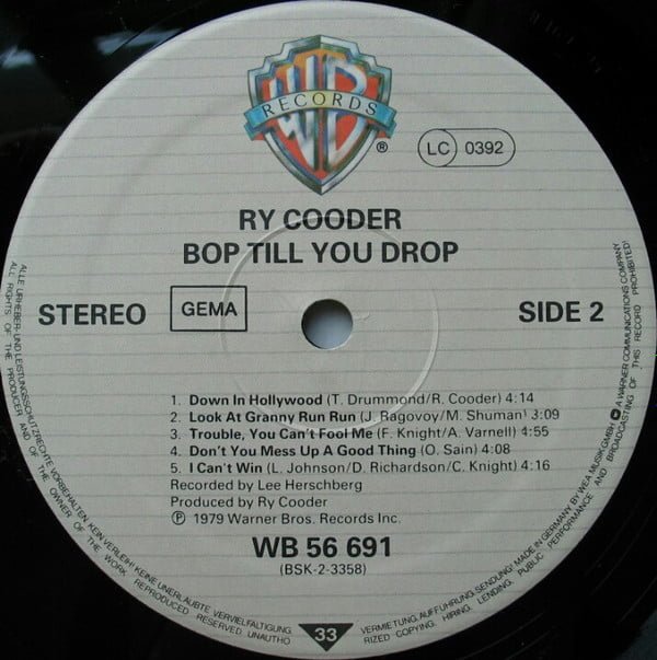 Ry Cooder Bop Till You Drop LP, Vinilos, Historia Nuestra