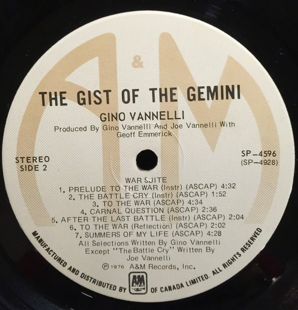 Gino Vannelli The Gist Of The Gemini LP, Vinilos, Historia Nuestra