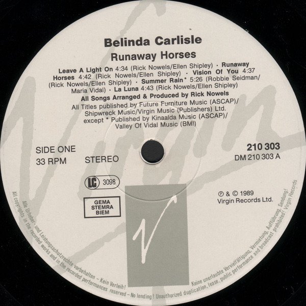 Belinda Carlisle Runaway Horses-LP, Vinilos, Historia Nuestra