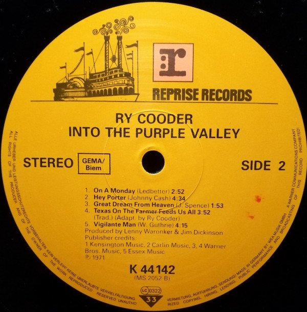 Ry Cooder Into The Purple Valley LP, Vinilos, Historia Nuestra