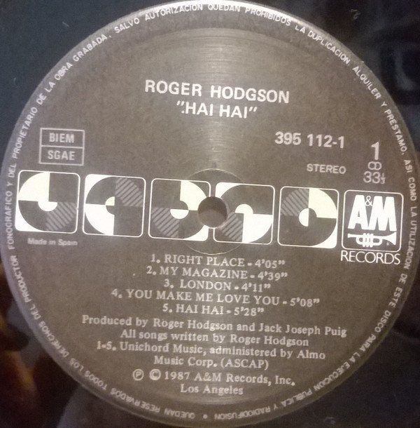 Roger Hodgson Hai Hai-LP, Vinilos, Historia Nuestra