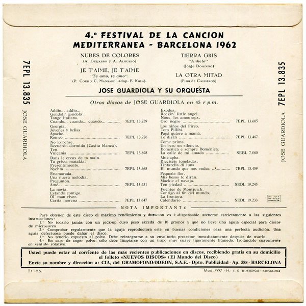 José Guardiola* Canciones Del 4º Festival De La Canción Mediterránea, Barcelona 1962-, Vinilos, Historia Nuestra