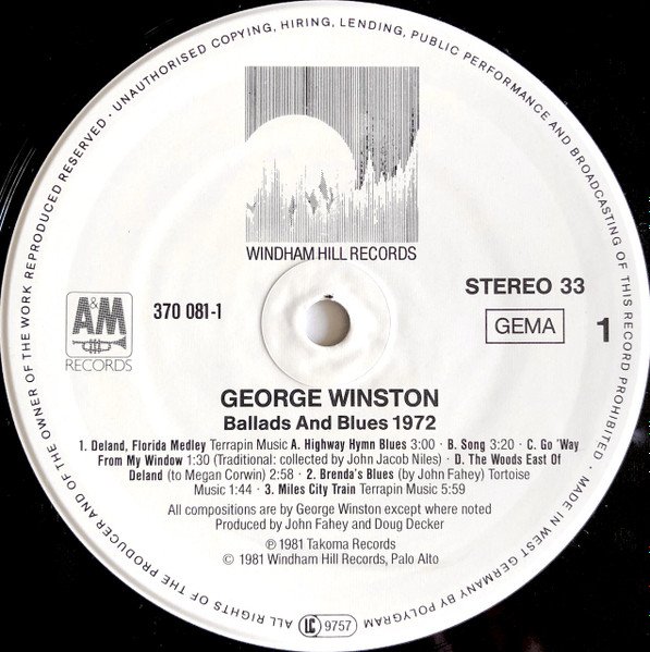 George Winston Ballads And Blues 1972-LP, Vinilos, Historia Nuestra