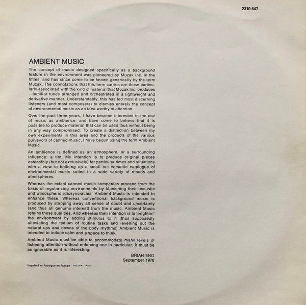 Ambient, Brian Eno, LP | Historia Nuestra
