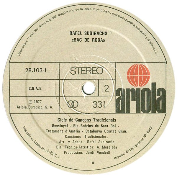 Catalan Music, Folk, LP, Rafel Subirachs* | Historia Nuestra