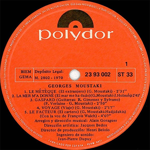 Chanson, Georges Moustaki, LP | Historia Nuestra