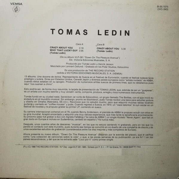 12 inch, Pop Rock, Tomas Ledin | Historia Nuestra
