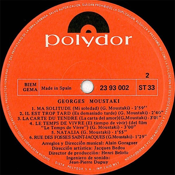 Chanson, Georges Moustaki, LP | Historia Nuestra