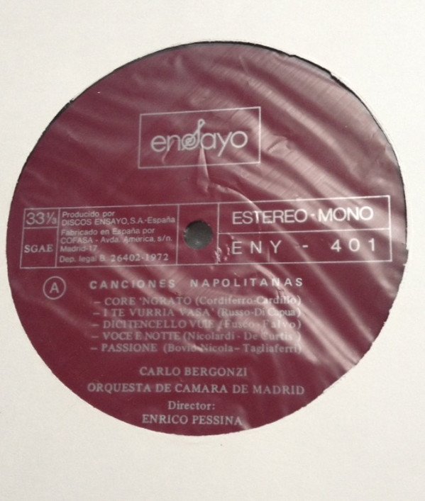 Canzone Napoletana, Carlo Bergonzi, LP, Orquesta de Camara de Madrid* Director: Enrico Pessina | Historia Nuestra