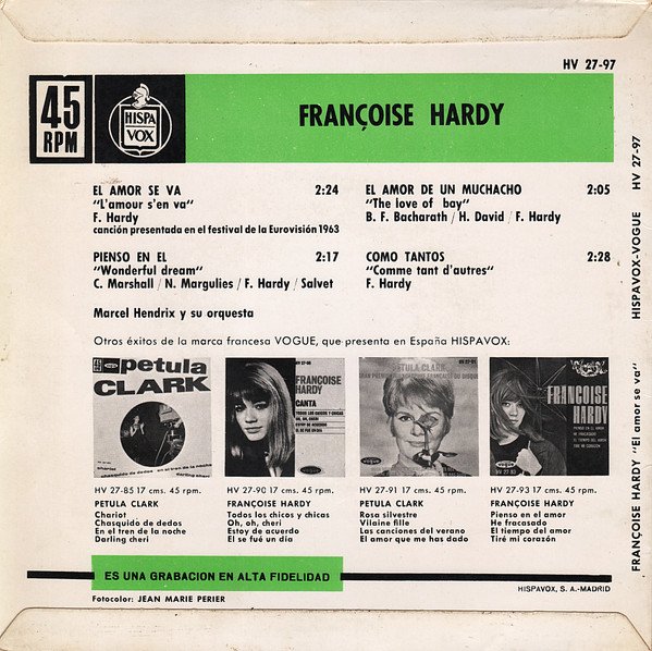 7 inch, Chanson, Françoise Hardy, Vocal | Historia Nuestra