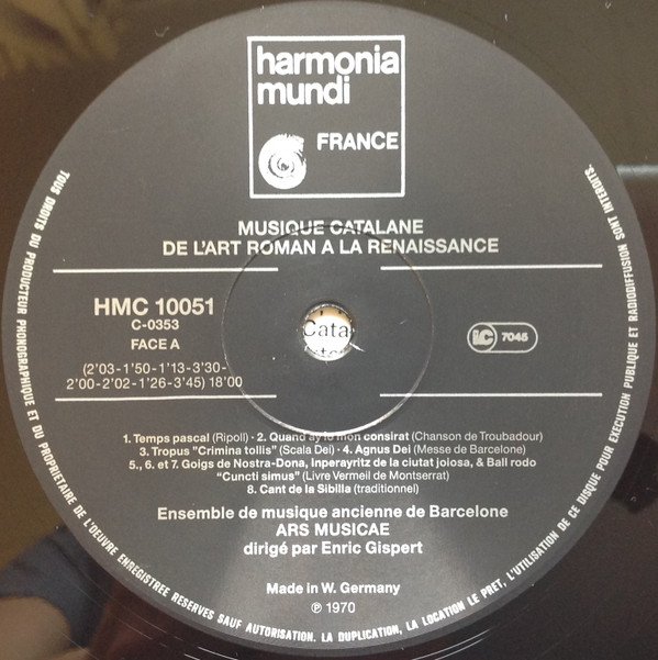 Catalan Music, Ensemble De Musique Ancienne Ars Musicæ De Barcelone* Direction Enric Gispert, LP, Medieval, Occitan, Renaissance | Historia Nuestra