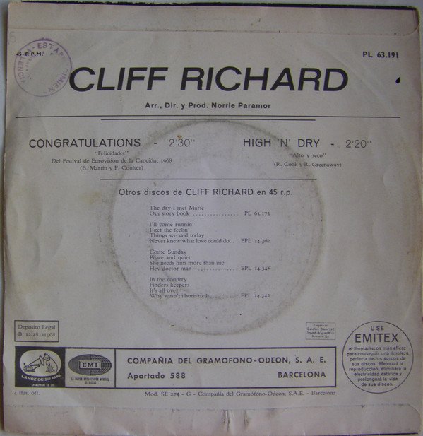 7 inch, Cliff Richard, Pop Rock | Historia Nuestra