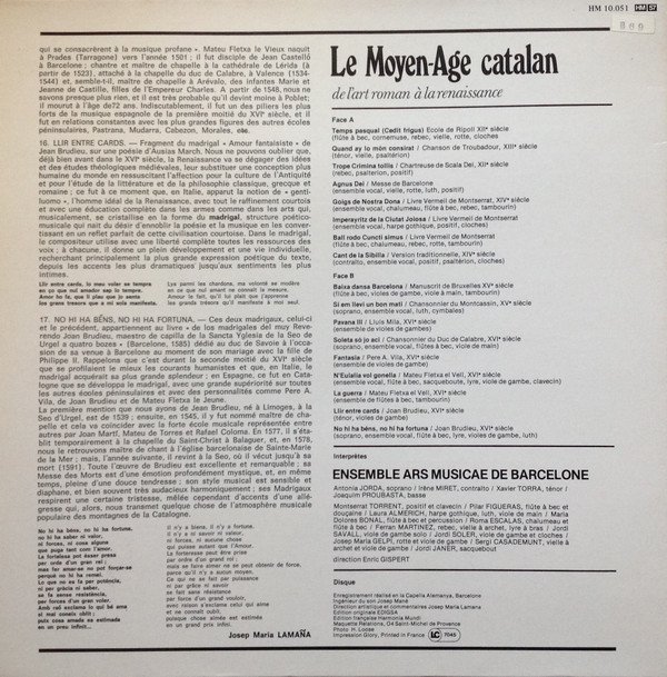Catalan Music, Ensemble De Musique Ancienne Ars Musicæ De Barcelone* Direction Enric Gispert, LP, Medieval, Occitan, Renaissance | Historia Nuestra