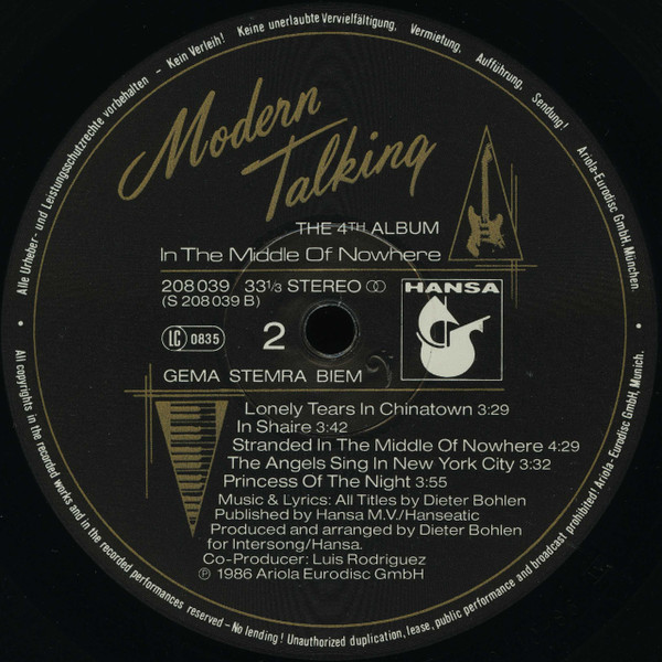 Modern Talking, In The Middle Of Nowhere - The 4th Album - LP