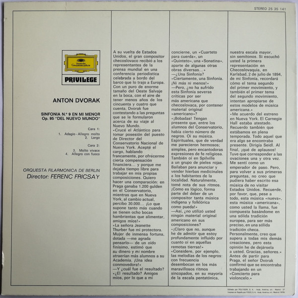 Antonín Dvořák, Berliner Philharmoniker, Ferenc Fricsay, Sinfonía No.9 "Del Nuevo Mundo" - LP