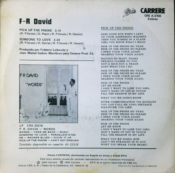F.R. David, Pick Up The Phone - Singles