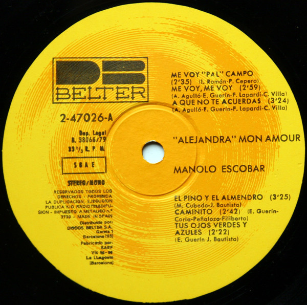 Manolo Escobar, De La Pelicula "Alejandra", Mon Amour - LP