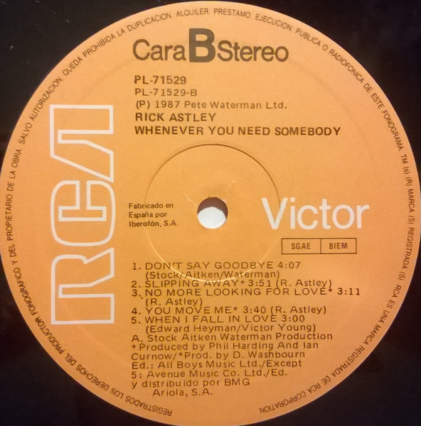 Rick Astley, Whenever You Need Somebody - LP