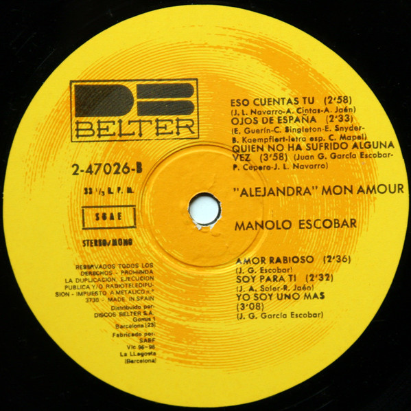 Manolo Escobar, De La Pelicula "Alejandra", Mon Amour - LP