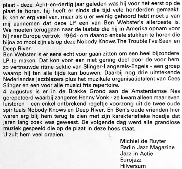 Ben Webster, Ben Op Zijn Best - LP